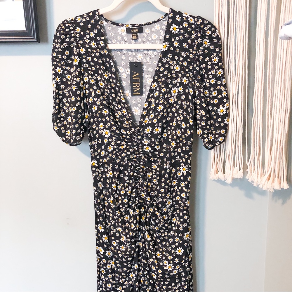 NWT AFRM Black Daisy Ditsy Ruched Midi Dress XS - Picture 7 of 13